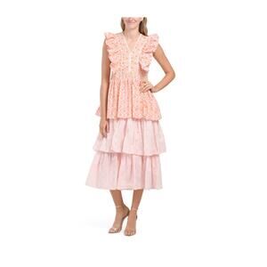 Marea The Fiesta Midi Dress Floral Embroidered Cotton Tiered Ruffle MED - NWT